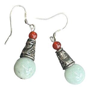 Vintage 925 Sterling Silver Dangle Earrings With Carnelian & Jade Beads Morocco